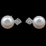 Sterling Silver Natural Pearl Stud Earring, Freshwater Pearl, with 925 Sterling Silver, Round, with cubic zirconia, white 