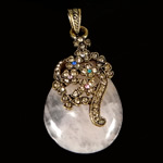 Natural Quartz Pendants, Rose Quartz, with Brass, Teardrop, antique gold color plated, with rhinestone Approx 