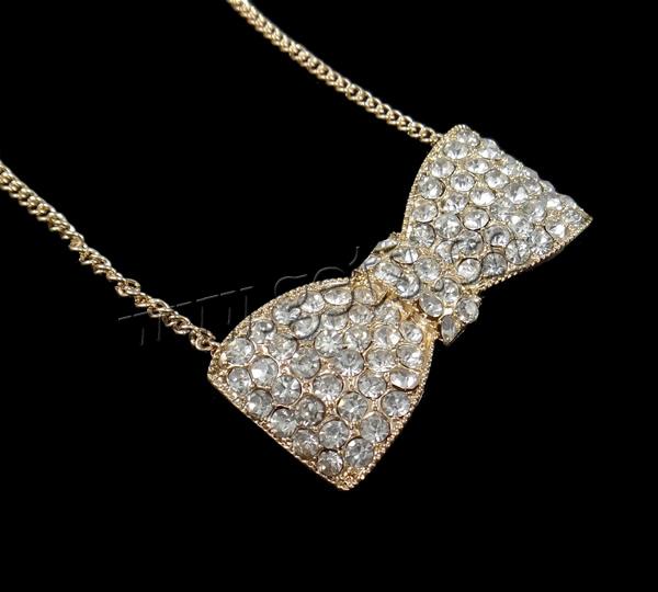 Zinc Alloy Iron Chain Necklace, with iron chain, Bowknot, plated, Customized & with rhinestone, more colors for choice, nickel, lead & cadmium free, 21x47x16.5mm, Length:15.5 Inch, Sold By Strand