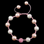 South Sea Shell Woven Ball Bracelet, Nylon Cord, with Rhinestone Clay Pave & South Sea Shell, adjustable, pink, 10mm, 8mm Approx 6-9 Inch 