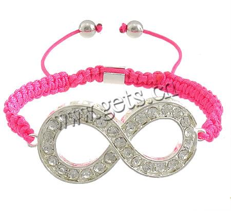 Zinc Alloy Woven Ball Bracelets, with Nylon Cord, Infinity, handmade, with rhinestone, more colors for choice, 55.2x24.5x5.2mm, 8mm, Length:Approx 7-11 Inch, Sold By Strand