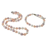 Brass Freshwater Pearl Jewelry Sets, bracelet & necklace, brass lobster clasp, 7mm Inch,  7 Inch 