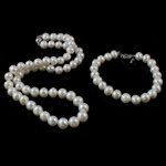 Conjunto de joya de perla de agua dulce de latón, pulsera & collar, latón cierre, Esférico, 8mm, longitud:16.5 Inch,  6.5 Inch, Vendido por Set