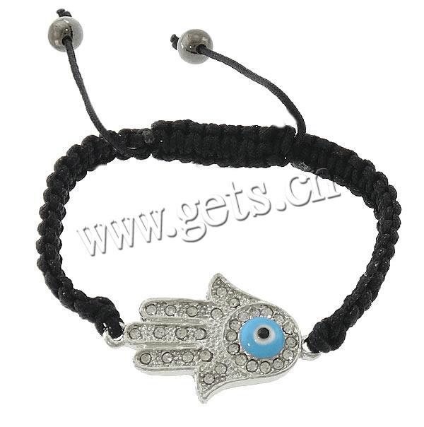 Hamsa Bracelets, Zinc Alloy, with Nylon Cord, Hand, platinum plated, with rhinestone, more colors for choice, cadmium free, 35x22x5mm, 8mm, Length:Approx 6-10 Inch, Sold By Strand