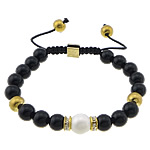 Black Agate Woven Ball Bracelets, with rhinestone brass spacer & Nylon Cord & South Sea Shell & Zinc Alloy, gold color plated, adjustable, 10mm, 8mm 8mm Approx 7-11 Inch 