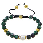 Gemstone Woven Ball Bracelets, Ruby in Zoisite, with Nylon Cord & Shell & Brass & Zinc Alloy, gold color plated, adjustable & with rhinestone, 10mm, 8mm 8mm Approx 7-11 Inch 