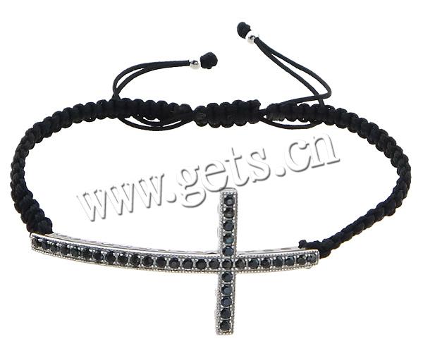 Bracelets de Woven Ball à stras , argent sterling 925, avec corde en nylon, croix, Placage, avec zircone cubique, plus de couleurs à choisir, 44x22x3mm, 3mm, Longueur:Environ 6-10 pouce, Vendu par brin
