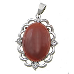 Agate Brass Pendants, with Red Agate, Flat Oval, platinum color plated, with rhinestone Approx 