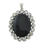 Agate Brass Pendants, with Black Agate, Flat Oval, platinum color plated, with rhinestone Approx 