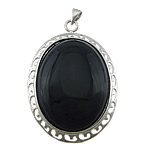 Agate Brass Pendants, with Black Agate, Flat Oval, platinum color plated, platinum color Approx 