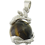 Tiger Eye Pendants, with Brass, Round, platinum color plated Approx 
