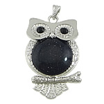 Blue Goldstone Pendants, with Brass, Owl, platinum color plated, with rhinestone Approx 