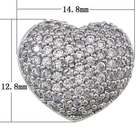 Cubic Zirconia Micro Pave Brass Beads, Heart, plated, micro pave cubic zirconia, more colors for choice, 14.8x12.8x9.2mm, Hole:Approx 1.2x3mm, Sold By PC