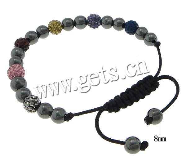 Hematite Woven Ball Bracelets, Waxed Cotton Cord, with Rhinestone Clay Pave Bead & Hematite, with 40 pcs rhinestone & adjustable, more colors for choice, 7mm, 8mm, 8mm, Length:Approx 7-11 Inch, Sold By Strand