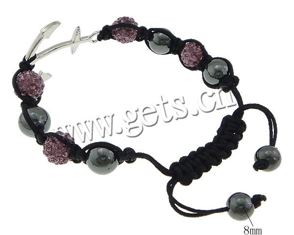 Hematite Woven Ball Bracelets, Waxed Cotton Cord, with Rhinestone Clay Pave Bead & Hematite & Zinc Alloy, Anchor, plated, nautical pattern & with 50 pcs rhinestone & adjustable, more colors for choice, 34x26x3.5mm, 10mm, 9mm, 8mm, Length:Approx 6-11 Inch, Sold By Strand