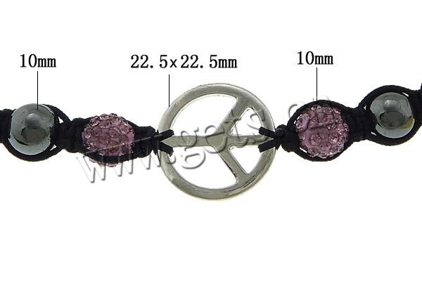 Hematite Woven Ball Bracelets, Waxed Cotton Cord, with Rhinestone Clay Pave Bead & Hematite & Zinc Alloy, Peace Logo, plated, with 55 pcs rhinestone & adjustable, more colors for choice, 22.5x22.5x2mm, 10mm, 10mm, 8mm, Length:Approx 6-11 Inch, Sold By Strand