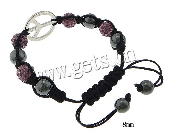 Hematite Woven Ball Bracelets, Waxed Cotton Cord, with Rhinestone Clay Pave Bead & Hematite & Zinc Alloy, Peace Logo, plated, with 55 pcs rhinestone & adjustable, more colors for choice, 22.5x22.5x2mm, 10mm, 10mm, 8mm, Length:Approx 6-11 Inch, Sold By Strand