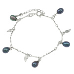 bracelet en laiton de perle d'eau douce cultivée, avec argent sterling 925, laiton Fermoir ronds à ressort, naturel, noire, 8-9mm Environ 6.5 pouce, Vendu par brin