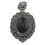 Agate Brass Pendants, with Black Agate, Oval, silver color plated, blacken Approx 