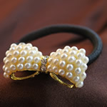 Ponytail Holder, pearl, with rubber cord, Bowknot, elastic, with glass pearl & with rhinestone, black 