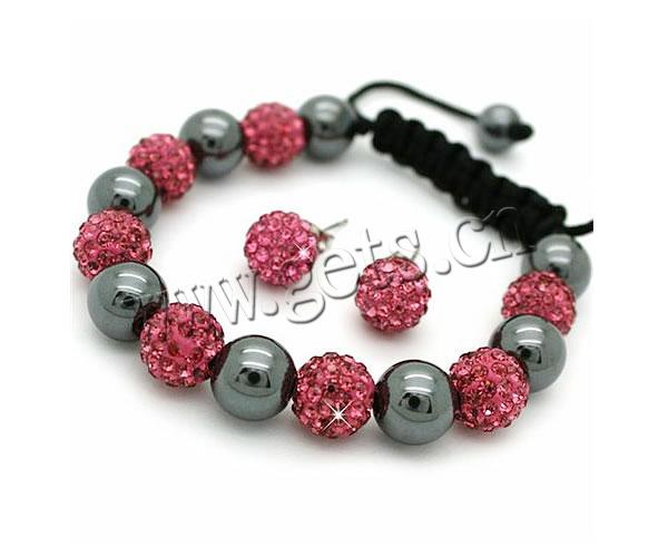 Fashion Woven Ball Jewelry Sets, Rhinestone Clay Pave Bead, bracelet & earring, with Wax Cord & Hematite, with imitation Czech rhinestone & Customized, more colors for choice, 10mm, 8mm, Length:Approx 7-11 Inch, Sold By Set