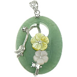 Aventurine Pendants, Green Aventurine, with Pink Shell & Yellow Shell, Oval, platinum color plated, with rhinestone, green Approx 