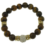 Tiger Eye Stone Bracelets, with Rhinestone Clay Pave Bead & Elastic Thread & Brass & Iron, gold color plated, beaded bracelet & with 60 pcs rhinestone & with rhinestone, 10mm, 12mm  Approx 8 Inch 