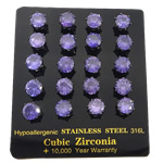 Stainless Steel Cubic Zirconia Stud Earring, 316L Stainless Steel, stainless steel post pin, black ionic, with cubic zirconia, purple, 7.5mm, Approx 