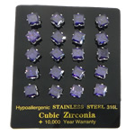 Stainless Steel Cubic Zirconia Stud Earring, 316L Stainless Steel, Square, with cubic zirconia, purple, 7mm, Approx 