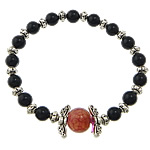 Black Agate Bracelets, with Elastic Thread & Dragon Veins Agate & Zinc Alloy, antique silver color plated, 6mm 11mm Approx 7 Inch 