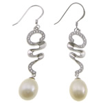 Sterling Silver Pearl Drop Earring, 925 Sterling Silver, with Freshwater Pearl, Teardrop, plated, micro pave cubic zirconia 53mm 