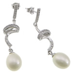 Pendiente de gota de perlas de plata esterlina, plata de ley 925, con Perlas cultivadas de agua dulce, chapado, micro arcilla de zirconia cúbica, más colores para la opción, 8x40mm, Vendido por Par