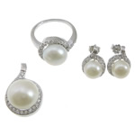 Conjuntos de joya de perla de agua dulce de plata , plata de ley 925, colgante & anillo de dedo & pendiente, con Perlas cultivadas de agua dulce, chapado en platina real, micro arcilla de zirconia cúbica, 10x14mm, 12mm, 15x22x12mm, agujero:aproximado 3x6mm, tamaño:6, Vendido por Set