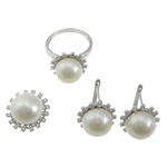 Conjuntos de joya de perla de agua dulce de plata , plata de ley 925, colgante & anillo de dedo & pendiente, con Perlas cultivadas de agua dulce, chapado en platina real, micro arcilla de zirconia cúbica, 15mm, 14mm, 16x13mm, agujero:aproximado 2.5mm, tamaño:6-8, Vendido por Set