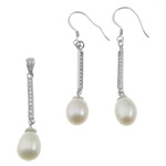 Sterling Silver Freshwater Pearl Jewelry Sets, 925 Sterling Silver, pendant & earring, with Freshwater Pearl, platinum plated, micro pave cubic zirconia, 50mm  Approx 