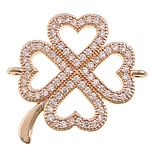 Cubic Zirconia Micro Pave Brass Connector, Four Leaf Clover, rose gold color plated, micro pave cubic zirconia & 1/1 loop Approx 1.5mm 