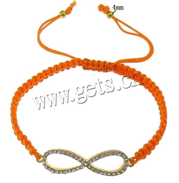 Zinc Alloy Woven Ball Bracelets, with Nylon Cord & Brass, Infinity, plated, Customized & with rhinestone, more colors for choice, cadmium free, 40x10x3mm, 4mm, 5mm, Length:7-11 Inch, Sold By Strand