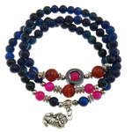 bracelets de multicouche de perles en agate, agate bleue, avec fil élastique & hématite non magnétique & laiton & alliage de zinc, Plaqué de couleur d'argent, bracelet à breloques & 3 brins, 8.5mm 6.5mm Environ 22 pouce, Vendu par brin