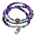 Agate Beads Multilayer Bracelets, with Elastic Thread & Non Magnetic Hematite & Purple Agate & Brass & Zinc Alloy, antique silver color plated, charm bracelet & , 4mm  6mm Approx 22 Inch 