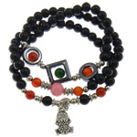 Agate Beads Multilayer Bracelets, with Elastic Thread & Non Magnetic Hematite & Black Agate & Brass & Zinc Alloy, antique silver color plated, charm bracelet & , 6.5mm, 8.5mm 18mm Approx 22 Inch 