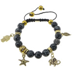 Snowflake Obsidian Bracelet, with Rhinestone Clay Pave Bead & Nylon Cord & Zinc Alloy, Round, gold color plated, with 45 pcs rhinestone & blacken, 10mm, 8mm    .5-13 Inch 