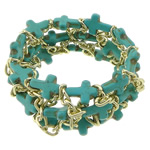turquoise synthétique bracelet, avec alliage de zinc, croix, Placage de couleur d'or, bleu, 47mm Environ 7 pouce, Vendu par brin