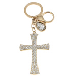 Rhinestone Zinc Alloy Key Chain, with Iron, iron lobster clasp, Cross, plated, with rhinestone nickel, lead & cadmium free Approx 24mm Approx 5.2 Inch 