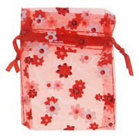 Organza Jewelry Pouches Bags, with flower pattern & translucent, red 