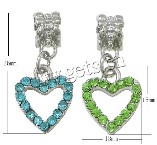 Zinc Alloy European Pendants, Heart, plated, Customized & with rhinestone, more colors for choice, cadmium free, 13x15x2.5mm, 26mm, Hole:Approx 5mm, Sold By PC
