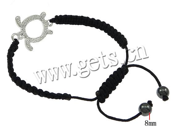 Zinc Alloy Woven Ball Bracelets, with Nylon Cord & Non Magnetic Hematite, Turtle, plated, Customized & with rhinestone, more colors for choice, cadmium free, 35x25x4mm, 8mm, Length:Approx 7-12 Inch, Sold By PC