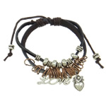 Cowhide Bracelets, with Waxed Cotton Cord & Wood & Zinc Alloy, word love, plated, charm bracelet & adjustable & Approx 7-9 Inch 