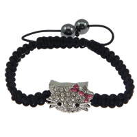 Zinc Alloy Woven Ball Bracelets, with Wax Cord, Cat, handmade, with rhinestone Approx 7-10 Inch 