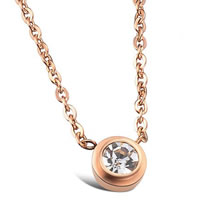 Stainless Steel Necklace, Flat Round, rose gold color plated, with Czech rhinestone Approx 17 Inch 