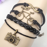 Combined Bracelet, PU Leather, camera & bike & infinity, with Wax Cord & Zinc Alloy, with 2lnch extender chain, antique bronze color plated, black, lead & cadmium free, 60mm Approx 6-7.8 Inch 
